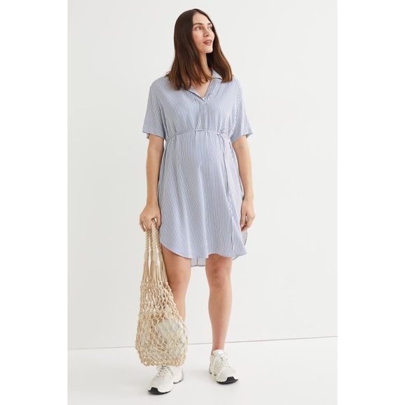 H&M Dresses & Skirts - H&M Mama Tie Belt Dress White Blue Striped